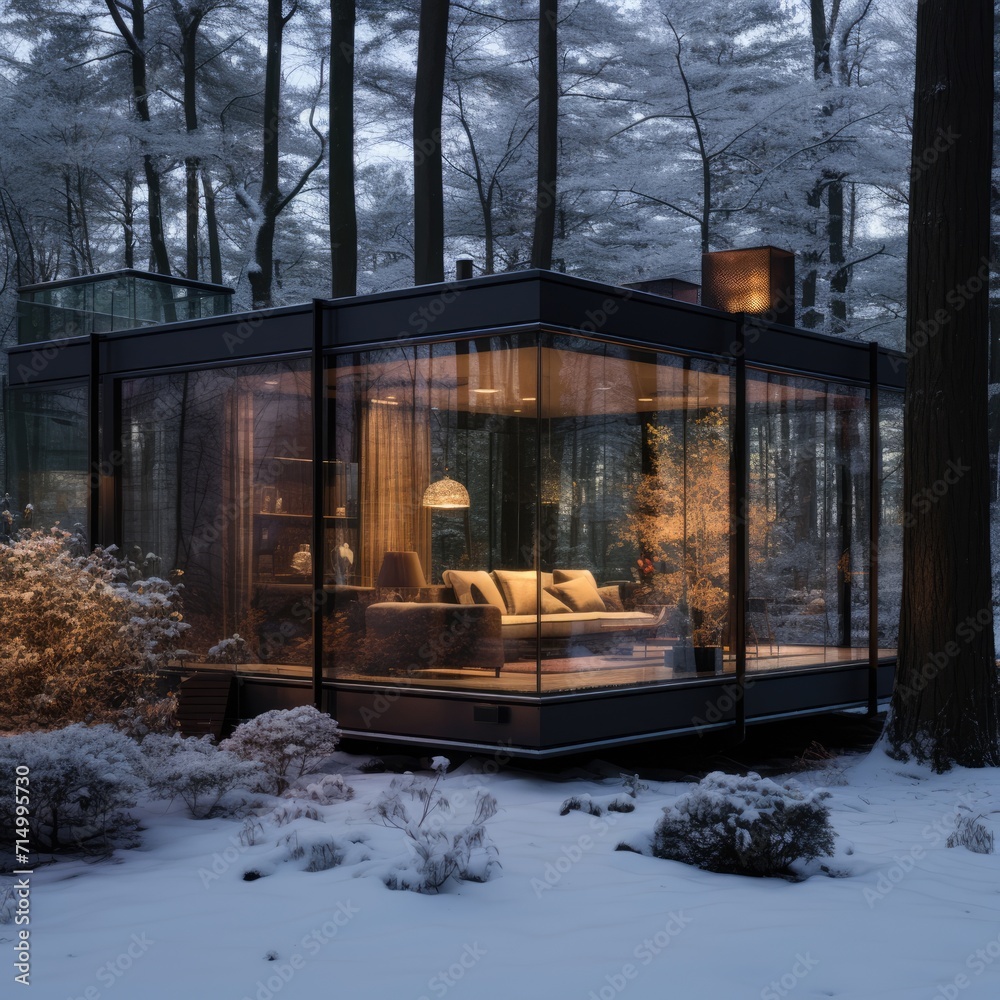 Fototapeta premium A glass room in a snowy forest, with a modern and minimalist aesthetic, harmoniously blends with the dark and moody landscape, creating a warm and welcoming ambiance thanks to natural light