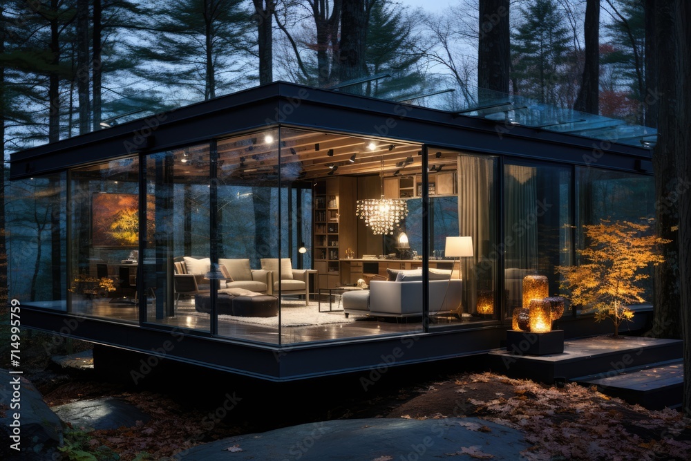 A glass room in a snowy forest, with a modern and minimalist aesthetic, harmoniously blends with the dark and moody landscape, creating a warm and welcoming ambiance thanks to natural light