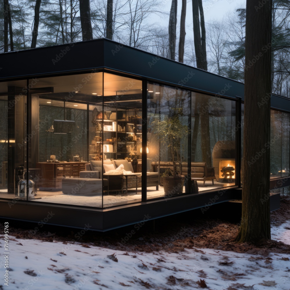 Fototapeta premium A glass room in a snowy forest, with a modern and minimalist aesthetic, harmoniously blends with the dark and moody landscape, creating a warm and welcoming ambiance thanks to natural light