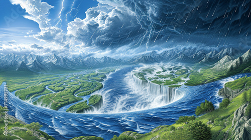 An artistic representation of the water cycle, featuring swirling clouds, falling raindrops, flowing rivers, and evaporating mist. The visually dynamic image highlights the continu