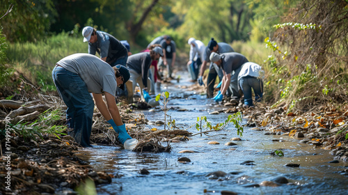 A collaborative effort to clean up a polluted river, with volunteers working together to remove debris and improve water quality. The image promotes the spirit of community engagem