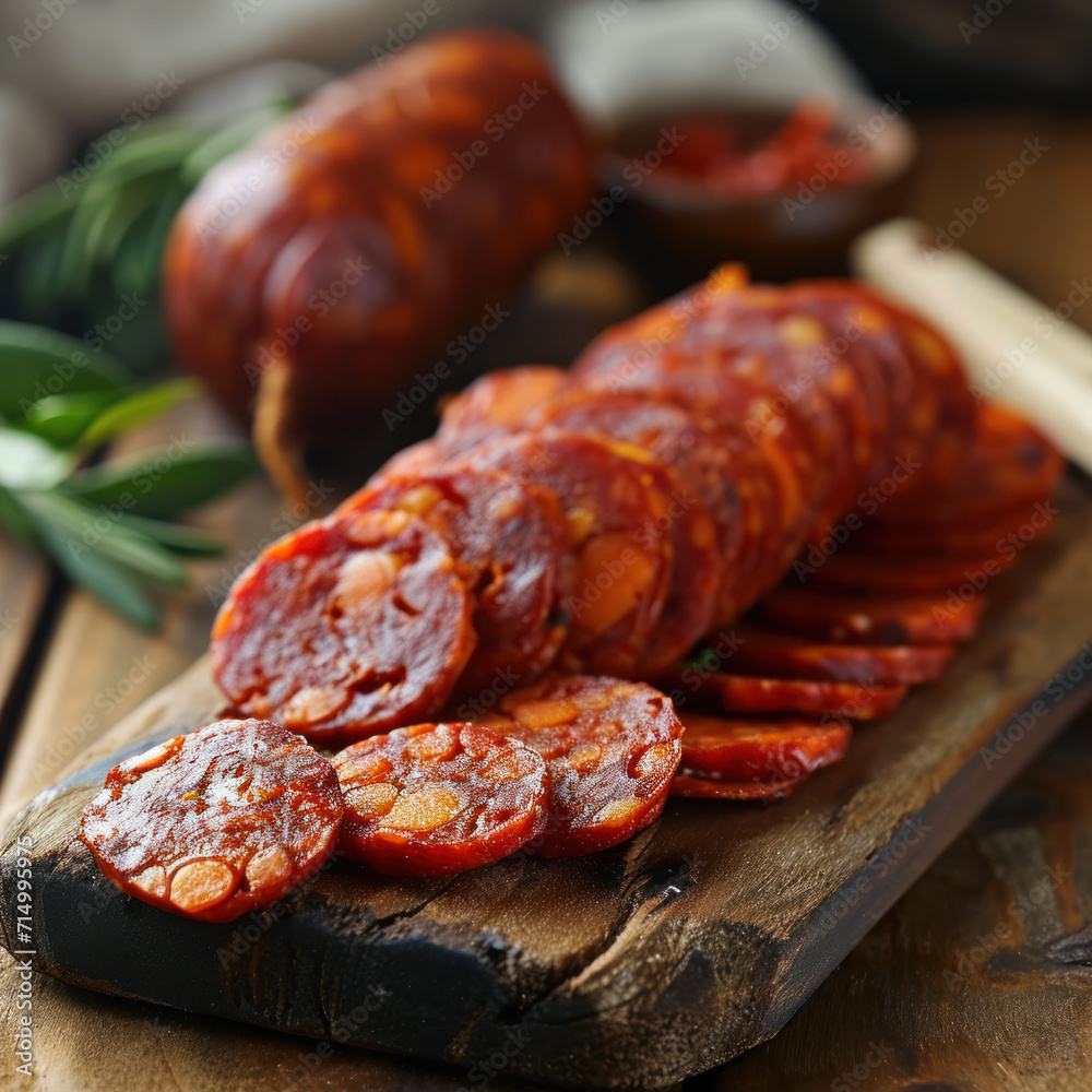 Sliced chorizo sausage on a plate. 