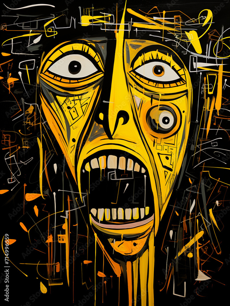 Obraz premium drawing of screaming woman in style of naive abstraction, primitive art, surrealistic illustration, kids drawing, contrasting lights and darks created with Generative Ai