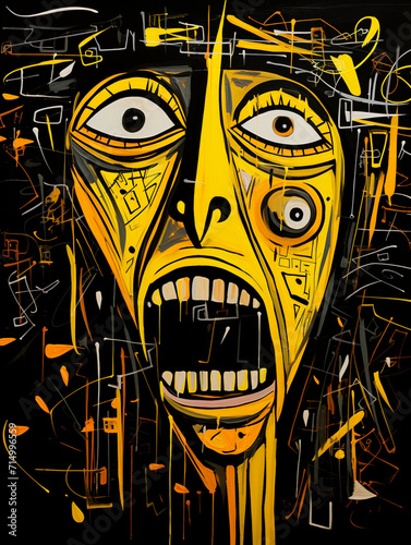 drawing of screaming woman in style of naive abstraction, primitive art, surrealistic illustration, kids drawing, contrasting lights and darks created with Generative Ai