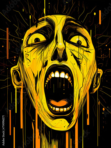 drawing of screaming woman in style of naive abstraction, primitive art, surrealistic illustration, kids drawing, contrasting lights and darks created with Generative Ai