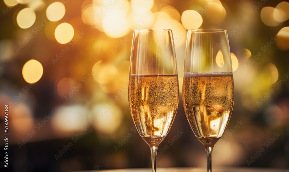 Two glasses with sparkling champagne, blurred light background.