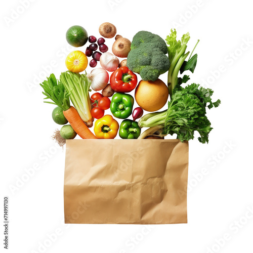 bolsa de la compra en tono marrón de la que salen todo tipo de verduras, sobre fondo transparente png
