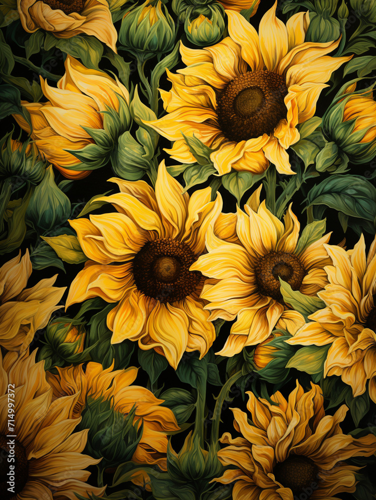 stylized sunflower field, painterly and vibrant, golden yellows and deep greens, summer warmth created with Generative Ai stylized sunflower field, painterly and vibrant, golden yellows and deep greens, summer warmth created with Generative Ai