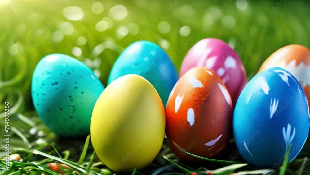 Colorfully painted Easter eggs laying on grass. Loopable. AI generated Colorfully painted Easter eggs laying on grass. Loopable. AI generated
