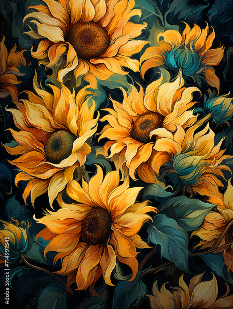 stylized sunflower field, painterly and vibrant, golden yellows and deep greens, summer warmth created with Generative Ai stylized sunflower field, painterly and vibrant, golden yellows and deep greens, summer warmth created with Generative Ai