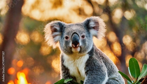 koala with the bush fire on the background burning forest in au
