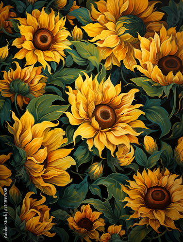 stylized sunflower field, painterly and vibrant, golden yellows and deep greens, summer warmth created with Generative Ai