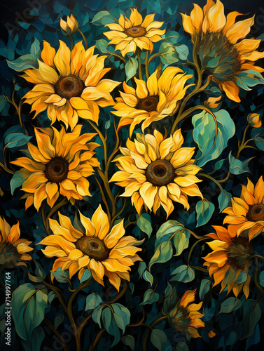 stylized sunflower field, painterly and vibrant, golden yellows and deep greens, summer warmth created with Generative Ai