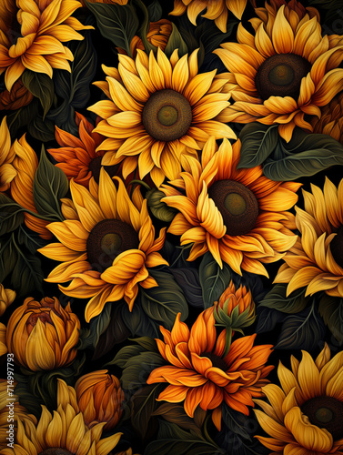 stylized sunflower field, painterly and vibrant, golden yellows and deep greens, summer warmth created with Generative Ai