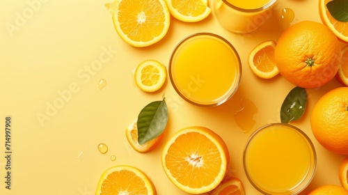 Fresh orange juice and oranges on a yellow background with drops of juice. Healthy food and dieting