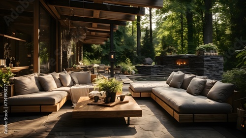 A modern forest cabin interior with large windows, a stone fireplace, and plush seating