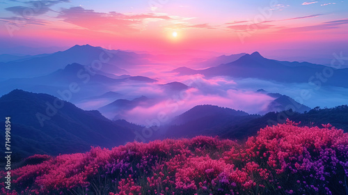 Pastel shades of dawn against the background of the etheric mountains create an atmosphere of incr