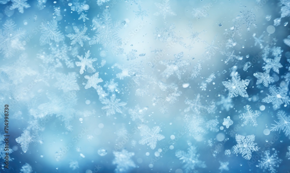 Christmas white snowflakes in the blue sky at a window shutter backgrounds. Freezing winter holiday, blue snowflakes background.