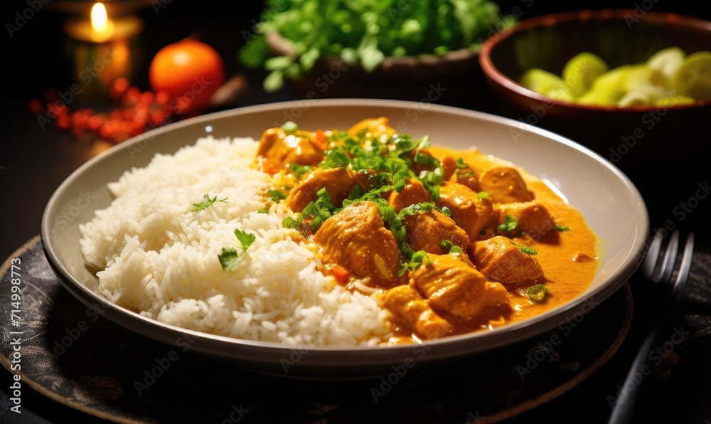 Delicious chicken curry with rice served on a plate and ready to eat. Healthy eating concept