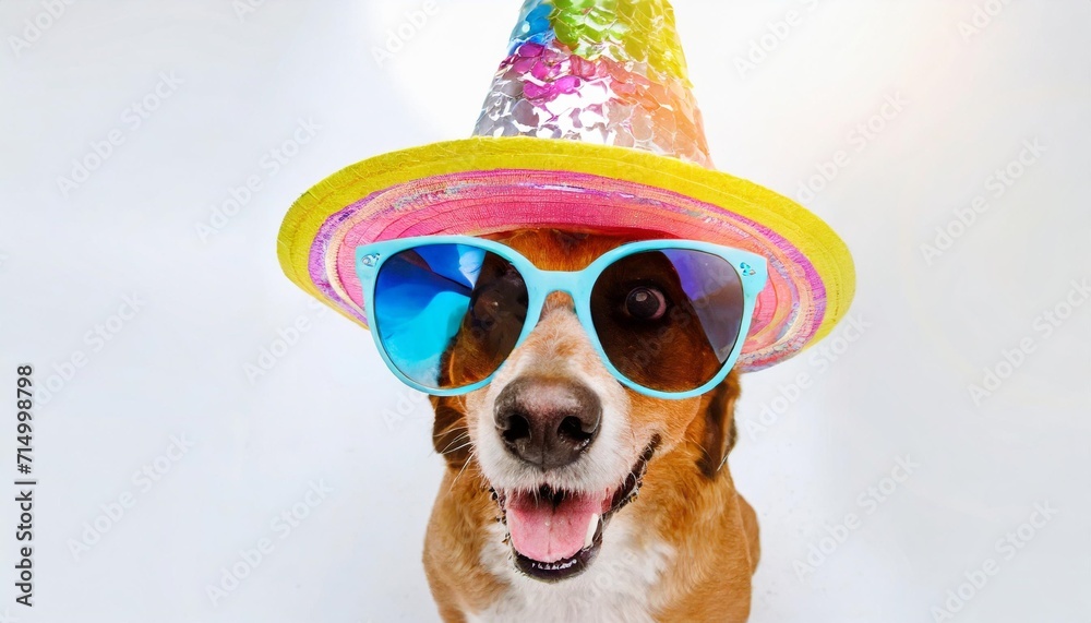funny party dog wearing colorful summer hat and stylish sunglasses white background generated