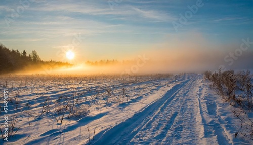 winter morning glorious scene with sun rising through the frosty fog over snowy meadow