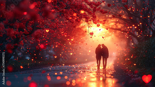 The background of Valentine's Day, with delicate shades of sunset and cascades of falling stars, c