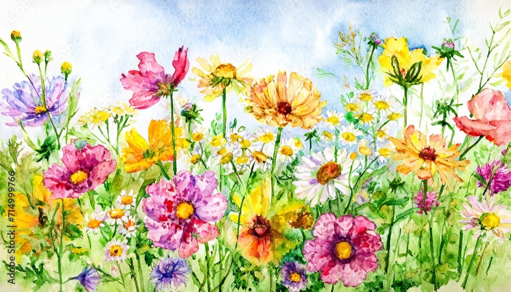 beautiful summer flowers watercolor illustration