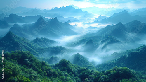 The etheric mountains, shrouded in morning haze, create an atmosphere of mystery and peace