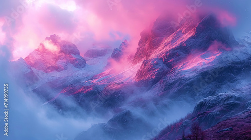 The etheric mountains, shrouded in pink clouds, create the impression of tenderness and romance