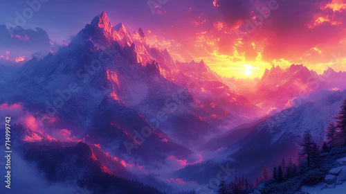 The etheric mountains shrouded in purple clouds create the impression of a mystical sunset