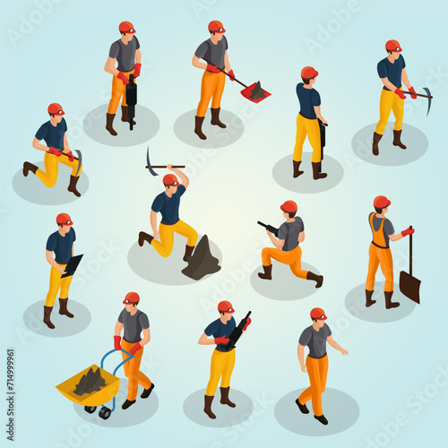 isometric mining characters set professionals