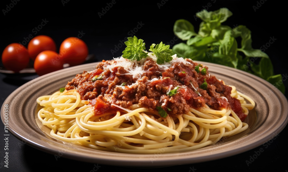 Traditional pasta spaghetti bolognese in plate on wooden table dark background Traditional pasta spaghetti bolognese in plate on wooden table dark background