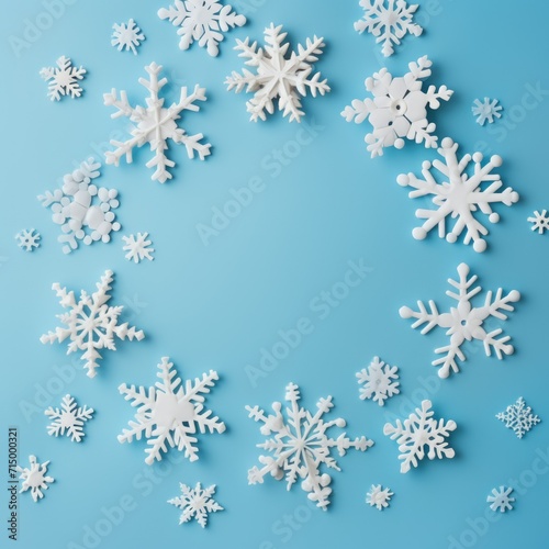 winter composition with white and blue background. Circle of colorful blue and white winter snowflakes Flat lay, top view, copy space
