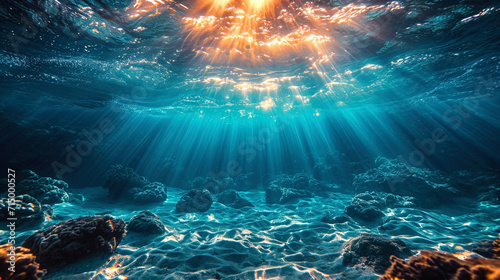 The transparent background of the water, where the lines of light penetrate into the depths, creat