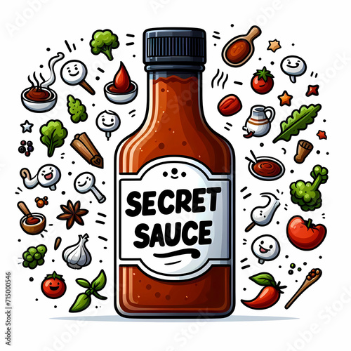 bottle of Secret Sauce graphic with ingredient floating around