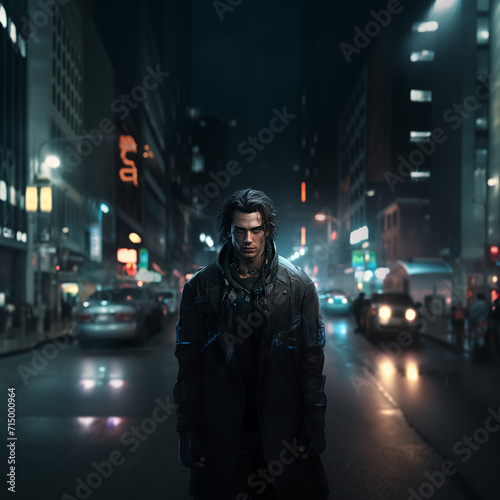 Brunette cyberpunk man in the night city looking at camera