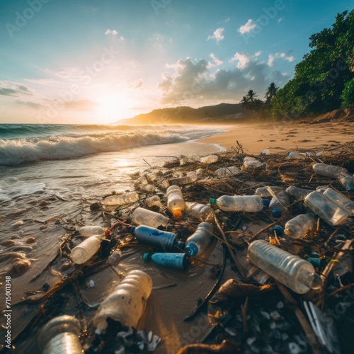 A beach scene with a wave of plastic waste washing ashore, symbolizing the environmental threat posed by plastic pollution 