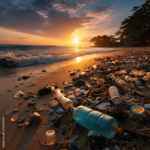 A beach scene with a wave of plastic waste washing ashore, symbolizing the environmental threat posed by plastic pollution 