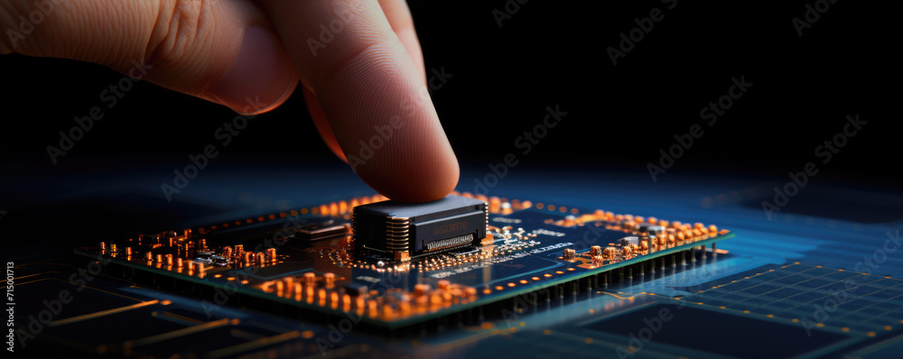 Close-up of processor in the motherboard socket. Digital Microprocessor. Computer controller circuit board.