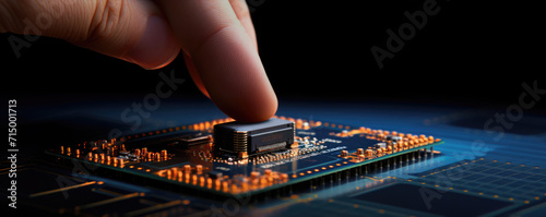 Close-up of processor in the motherboard socket. Digital Microprocessor. Computer controller circuit board. 