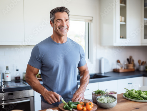 Happy healthy fitness man in the kitchen with healthy food