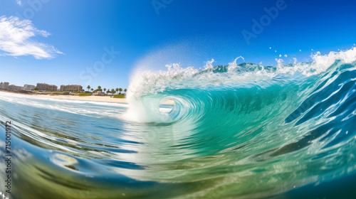 Ocean wave with blue sky and palm tree on the sand beach. © Vitalii