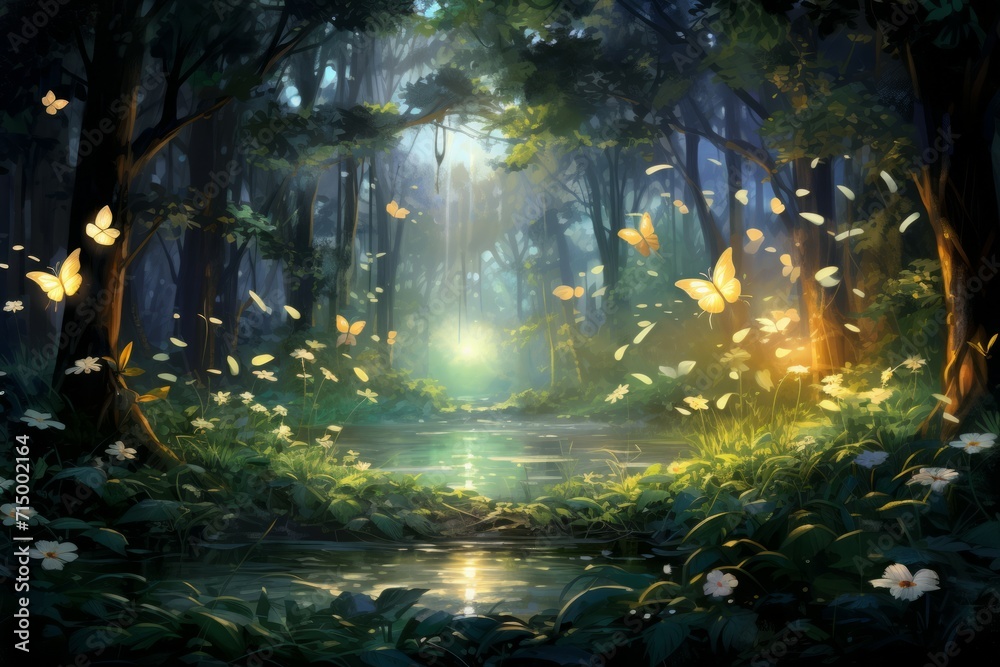 Playful twilight fireflies, dancing in the fading light, casting a soft glow on the world - Generative AI