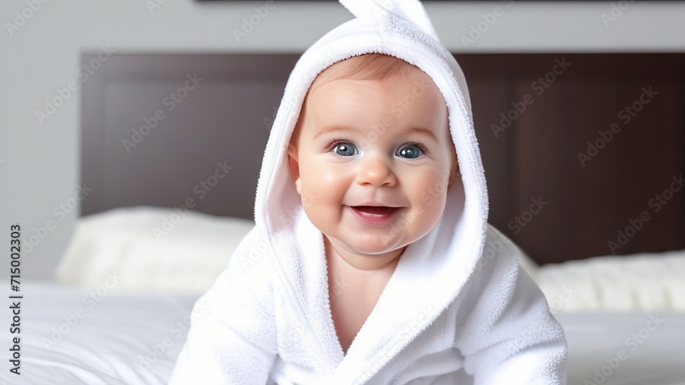 Portrait of a little happy baby 1 year old in a white terry robe on the bed in the bedroom, concept of childcare and care