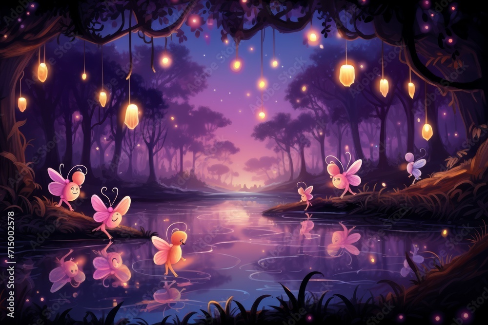 Fototapeta premium Playful twilight fireflies, dancing in the fading light, casting a soft glow on the world - Generative AI