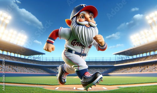 an energetic gnome dressed in a baseball uniform
