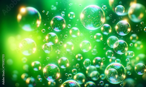 transparent soap bubbles floating against a vibrant green background
