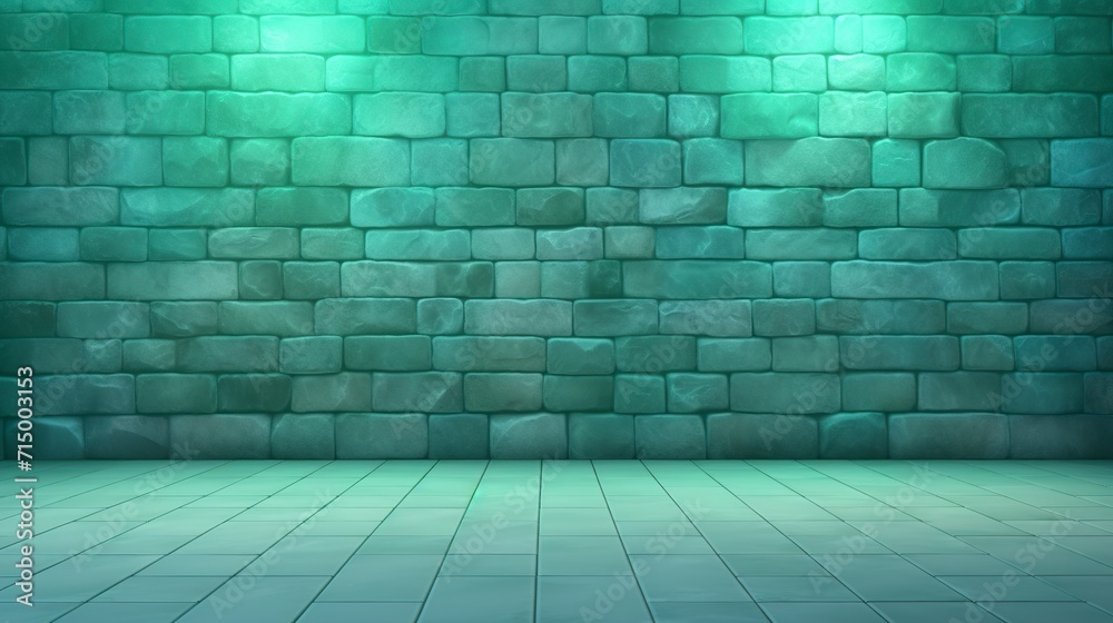 Fototapeta premium Background with stone wall backdrop in mint color in earthy tone. Empty space with the texture of the solidity of stone and the simplicity of the empty floor.