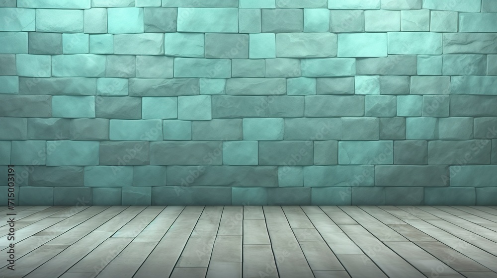Background with stone wall backdrop in mint color in earthy tone. Empty space with the texture of the solidity of stone and the simplicity of the empty floor.