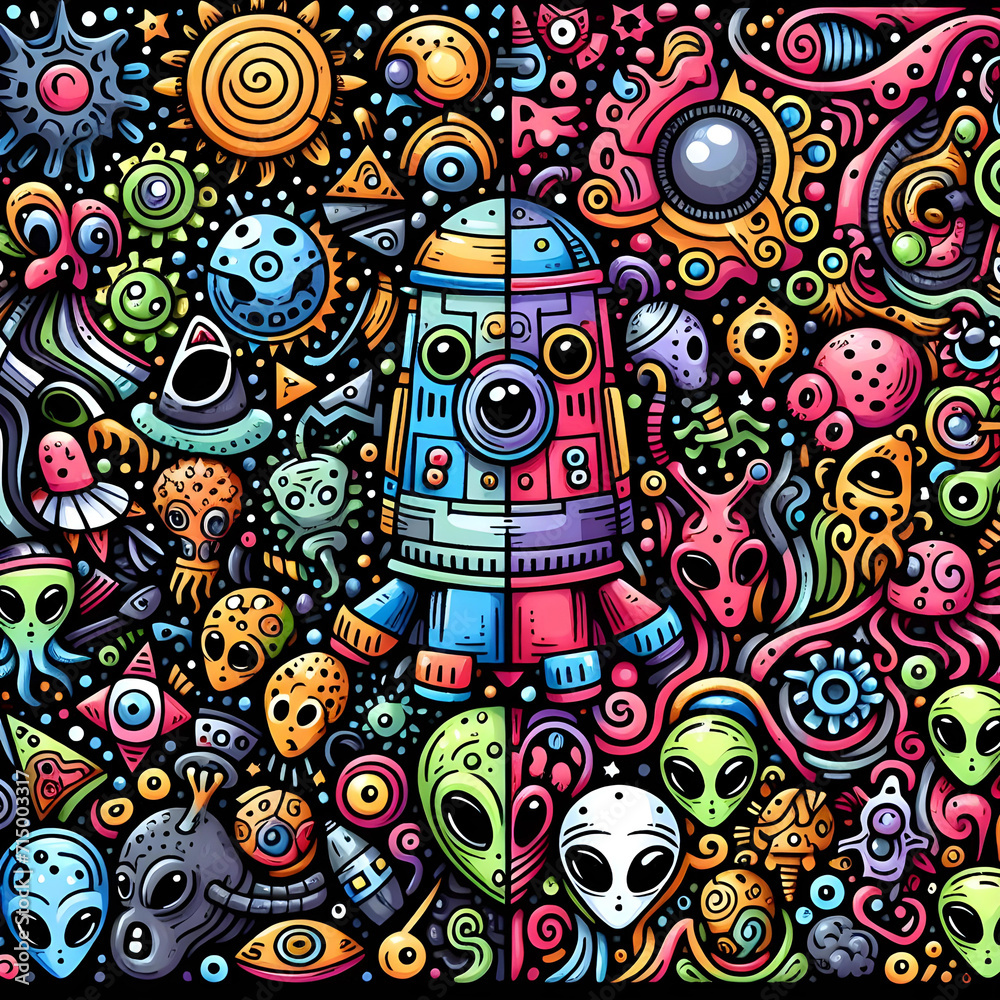 Obraz premium Colorful Aliens ET Doodle art pattern with various objects. Sci-Fi